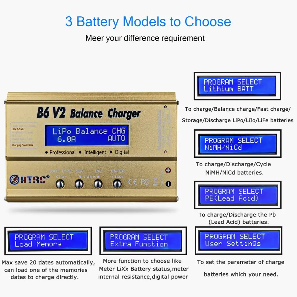 HTRC батарея баланс зарядное устройство B6 V2 80 Вт RC разряда с адаптером+ 8 в 1 Кабели+ LiPo безопасный батарея защита взрывозащищенный мешок