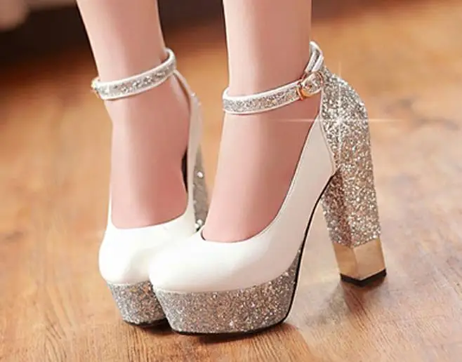 Белый Свадебная обувь Новинка На толстом каблуке свадебные туфли для подружки