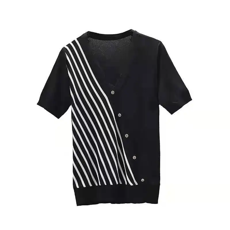 

Striped V-neck lace splicing ice thin short sleeve single breasted T-shirt