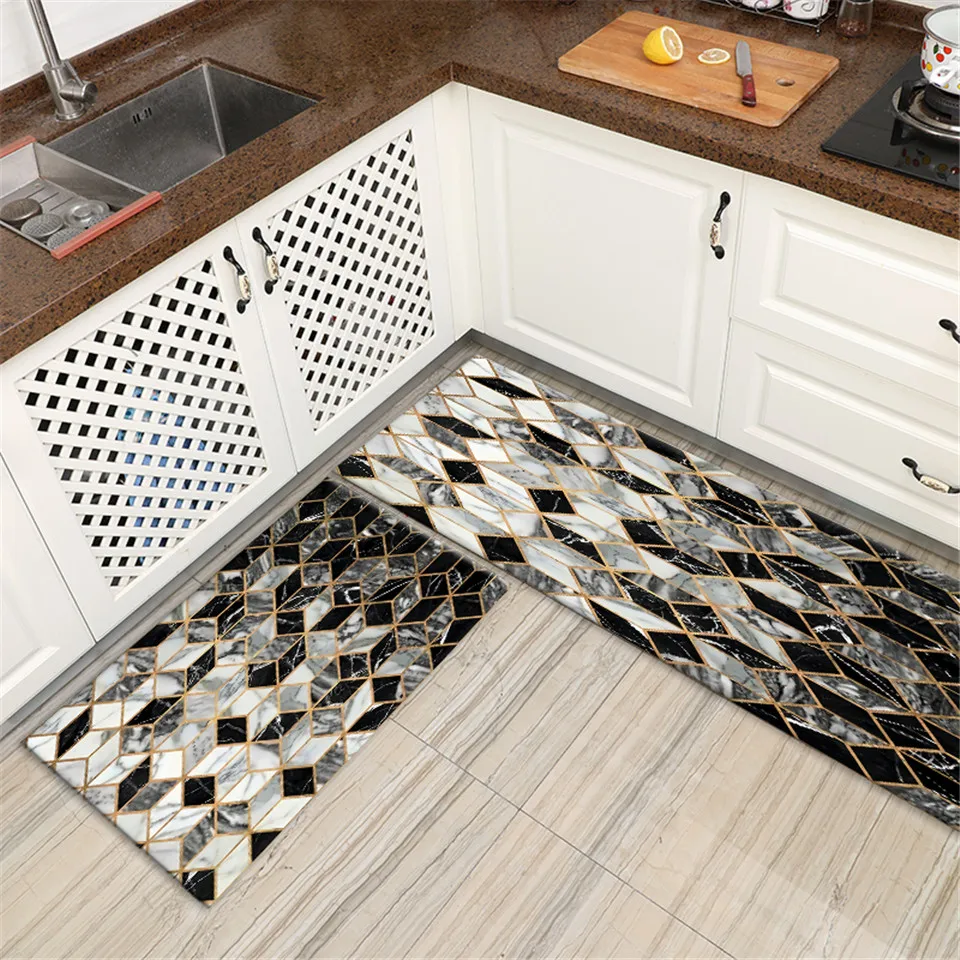 

Черный серый геометрический мраморный коврик для ванной комнаты, длинный напольный коврик для гостиной, нескользящий кухонный коврик, флан...