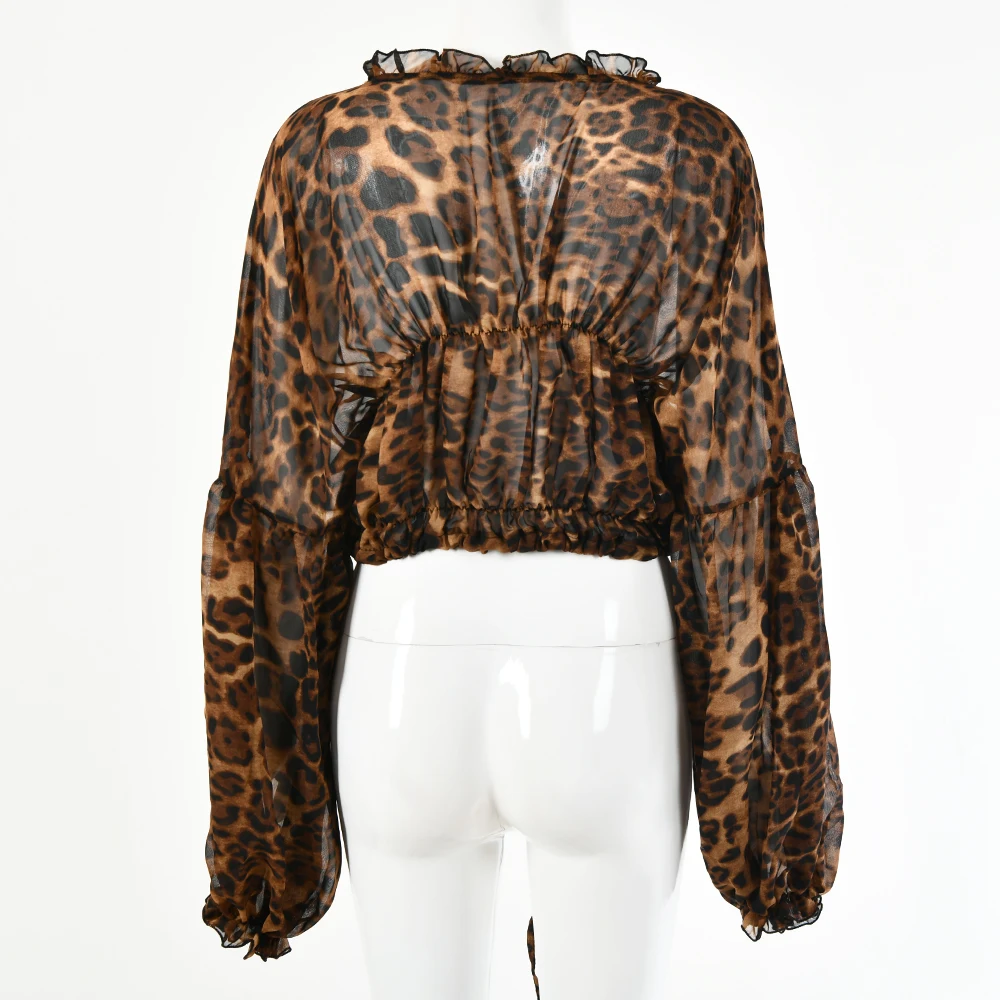 

YICIYA Autumn Women Shirts Elegant Long Puff Sleeve Leopard V Neck Drawstring Tops Fashion Lady Party Chiffon Blouses 2020 New