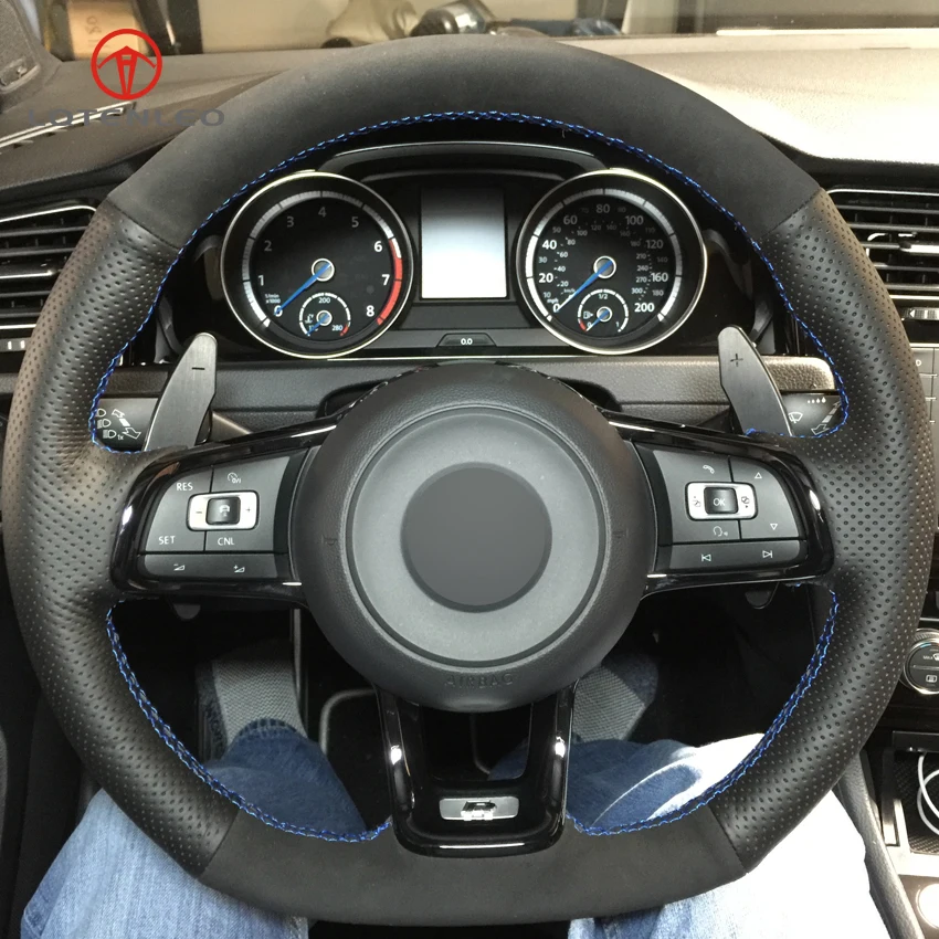 Чехол на руль LQTENLEO из черной замши натуральной кожи для Volkswagen Golf 7 GTI R MK7 VW Polo Scirocco