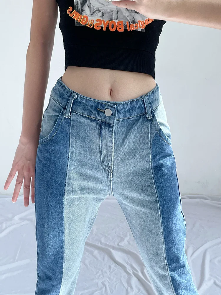 

Stitching contrast flared jeans children's high-waisted slim slimming trousers with split ends