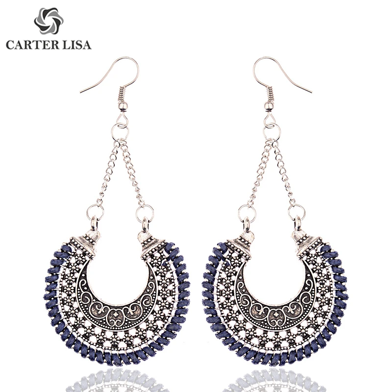 CARTER LISA Antique Silver Indian Bohemian Ethnic Tribal Crescent Ornate Gypsy Vintage Earrings For Women Half Moon Jewelry Gift |