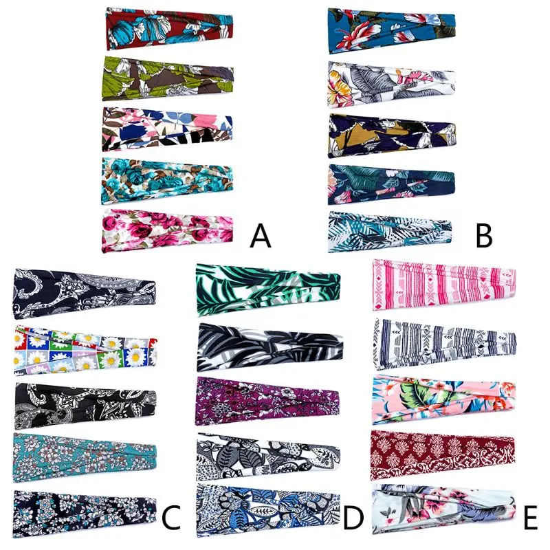 

5Pcs Women Boho Yoga Headband Colorful Floral Leaves Leopard Print Sport Running Wide Hairband Fitness Sweat Headwrap