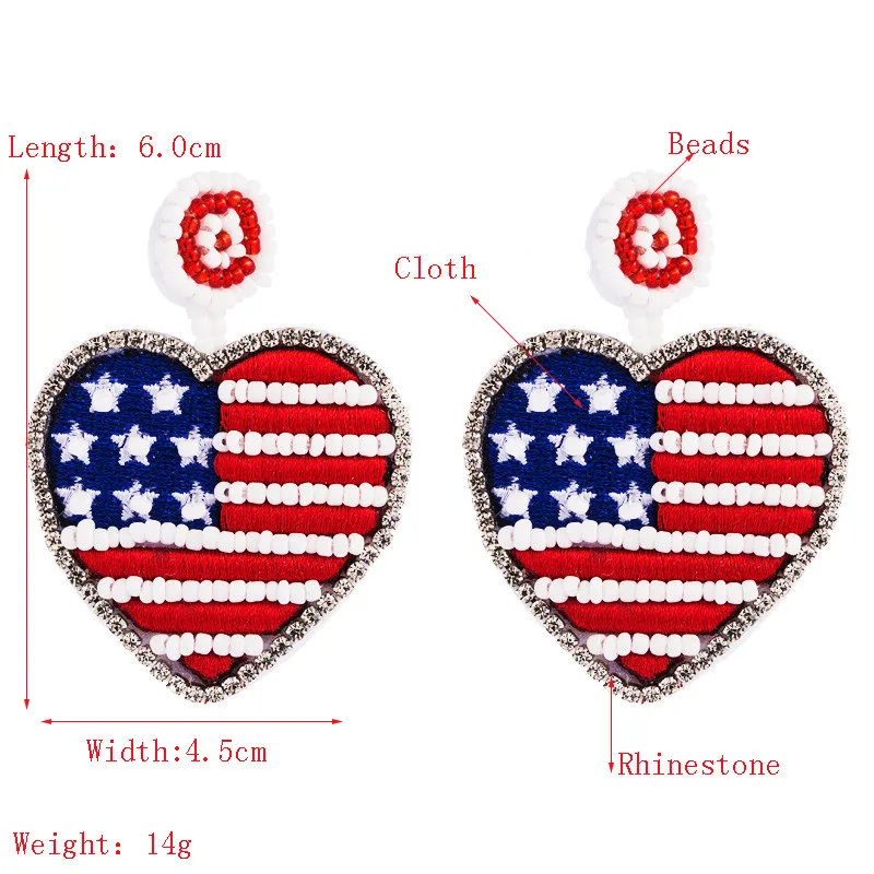 Креативные серьги в форме сердца с американским флагом и бусинами Модная
