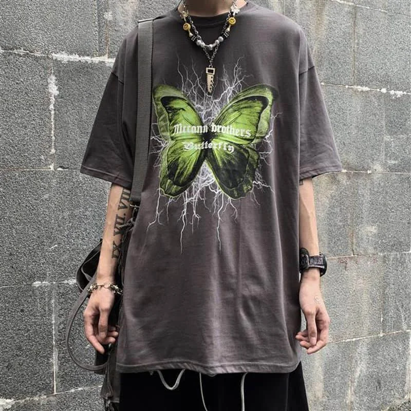 

T-shirt Men And Women 2021 Summer New Butterfly Dark Funeral Printing Loose Short-sleeved Lazy Wind T-shirt Men And Women