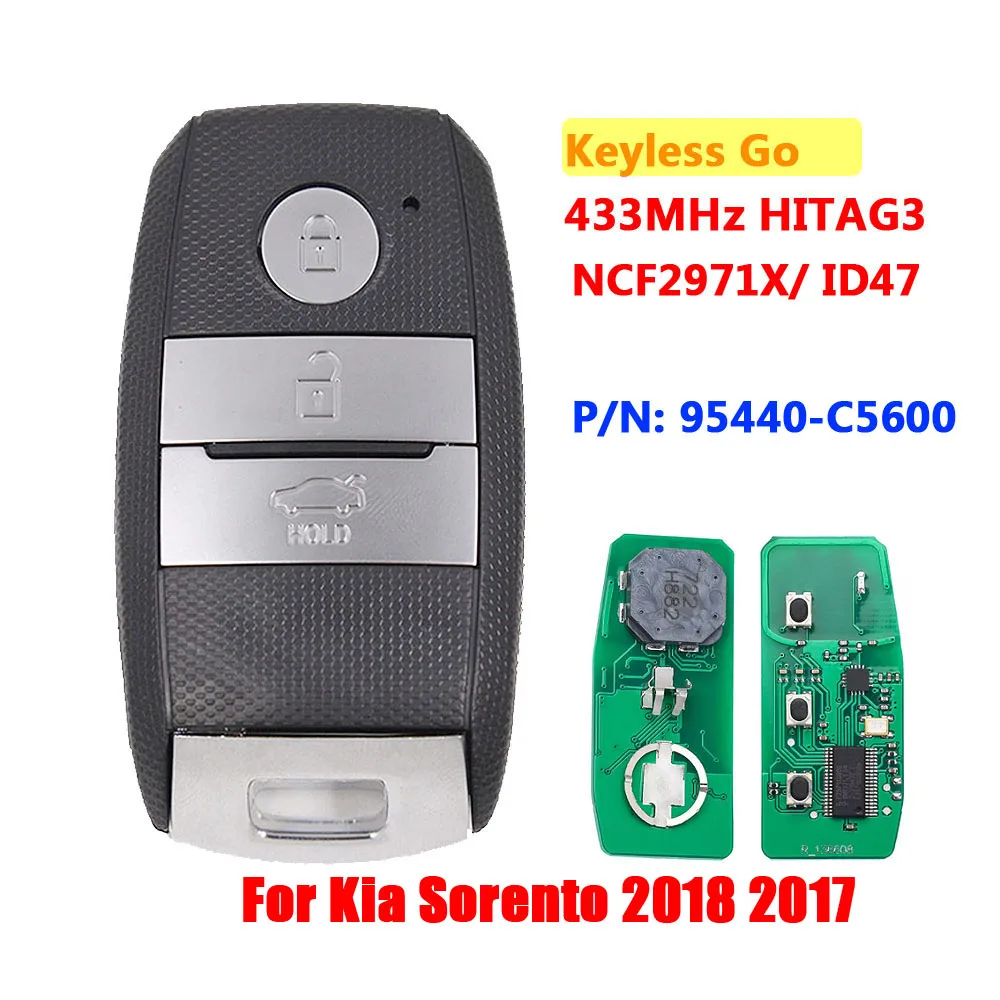 

Бесключевой 3-кнопочный дистанционный смарт-ключ для автомобиля FSK 433,92 МГц NCF2971X / HITAG 3 / 47 чип HY15 для Kia Sorento 2018 P/N: 95440-C5600