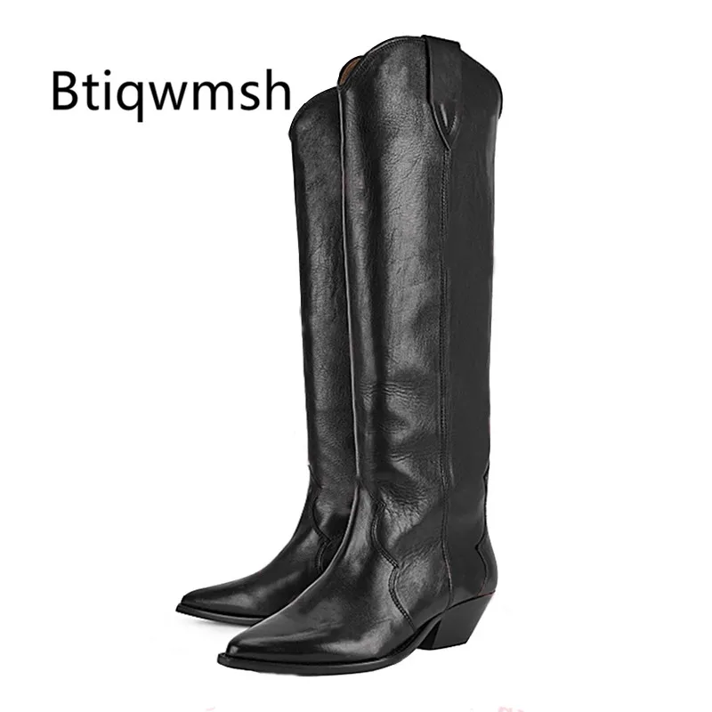 Женские ковбойские сапоги до колена из натуральной кожи с острым носком и