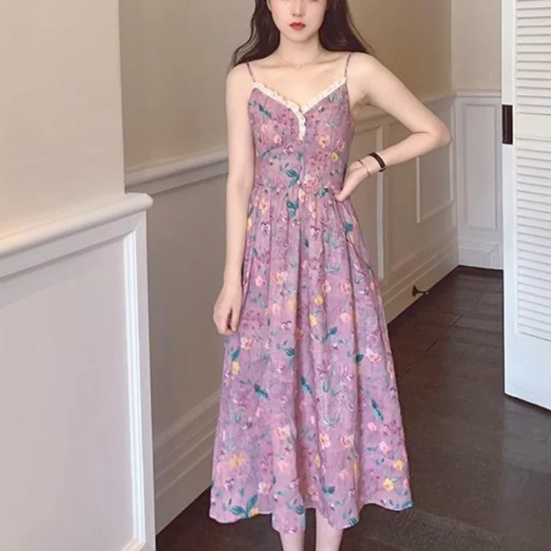

Vintage Floral Strap Dresses for Women 2021 Summer Vacation Beach Bohemian Party Midi Dress Lace Print Slim Casual Elegant Dress