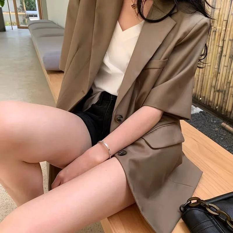 

Blazer Women Short-sleeve Single-breasted Solid Simple Back-Split Leisure Suit-Jacket Office Ladies Thin Formal Korean-style New
