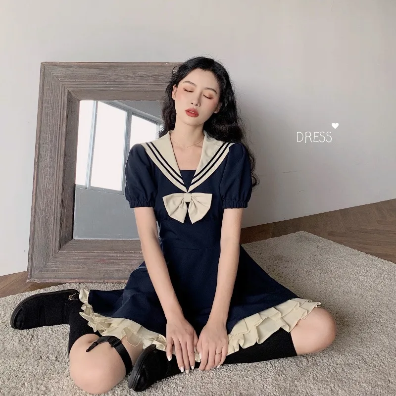 

Women Dresses Harajuku Sailor Collar Navy Dress Japanese Lolita Sweet Bow-knot Kawaii Girl Korea Cute Academy Long Short Sleeve