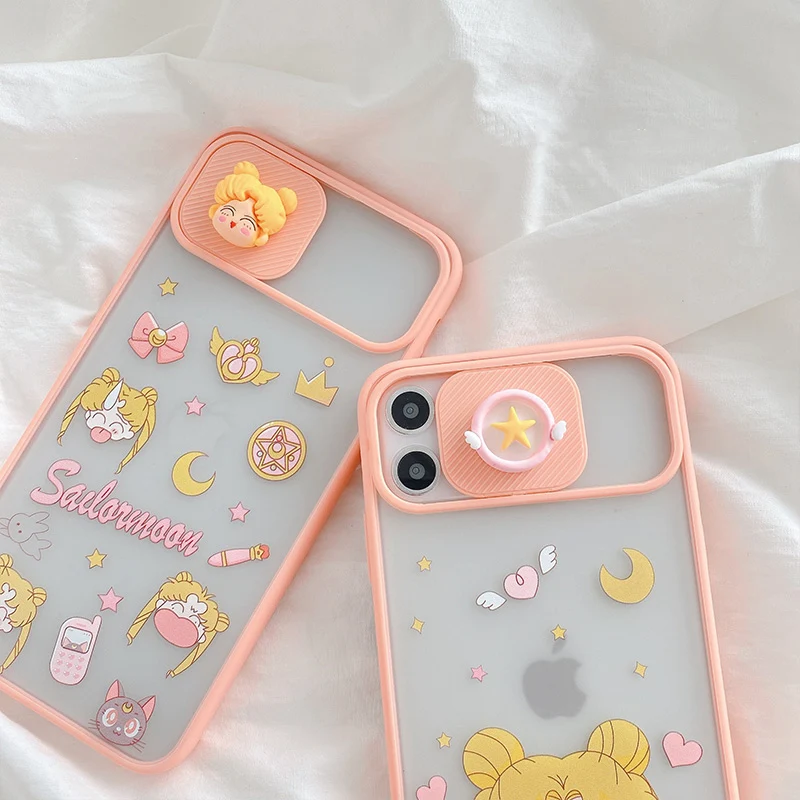Sailor Moon Cute Cartoon Phone Case for iPhone 12 Pro 12 Mini 11 XS Max XR X 7 8 Plus SE with Slide Camera Protection Silicone Cover image 2