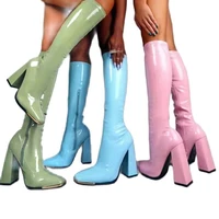 womens knee length high boots shiny patent leather high top boots pink sexy solid color high heels blue womens high boots