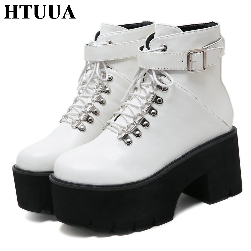HTUUA/модные ботинки на платформе со шнуровкой и заклепками женские короткие