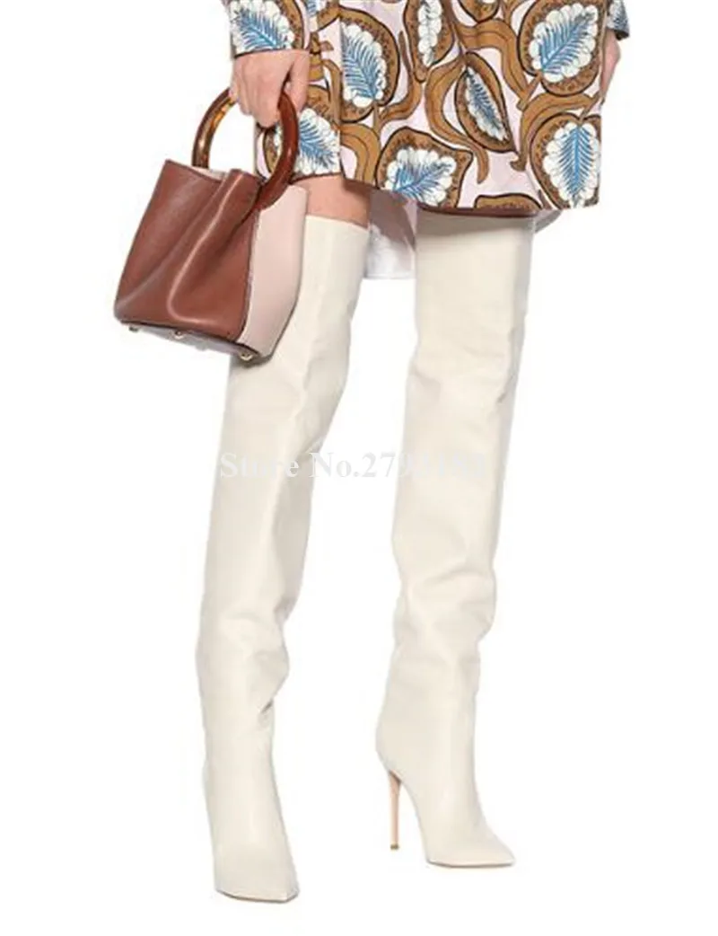 Женские элегантные модные сапоги выше колена на шпильке с острым носком бежевые