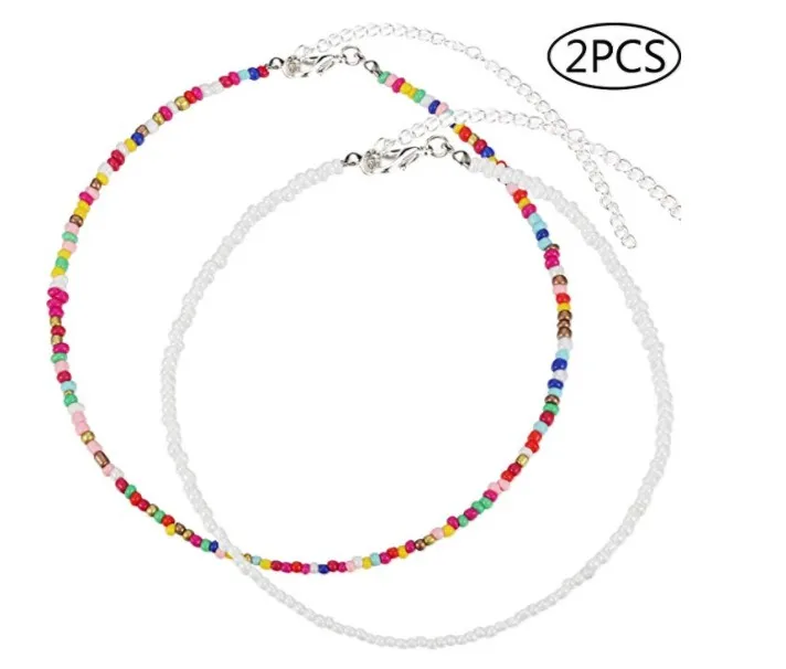 2PCS Visco, колье из бисера, крошечное колье из бисера, бохо, цветное колье, ожерелье на цепочке, ювелирное изделие для женщин и девушек, регулируемое - Окраска металла: 2PCS