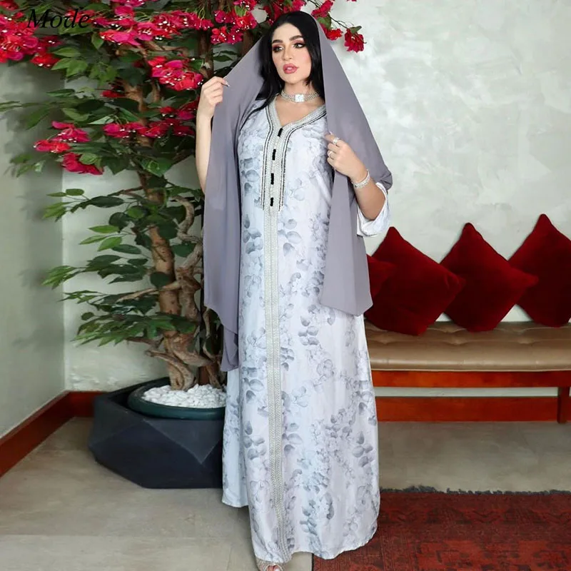 

ИД белое платье-хиджаб с цветочным принтом, женское арабское платье Дубая, абайя, мусульманское платье с V-образным вырезом для Ближнего Вос...