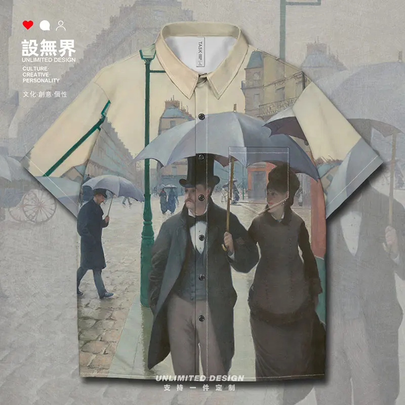 

World famous Paintings Streets of Paris Rainy Days Smiling Knights Short-Sleeved shirt collared cardigan new Summer Clothes