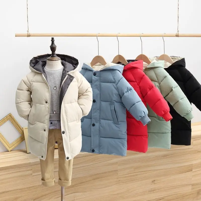 

Long Coat Children's Down Outerwear Winter Clothes Solid Color Boys Girls Cotton-Padded Parka Coats Thicken Warm Long Jackets