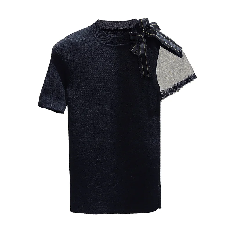 black tops MUMUZI, женская футболка, черные вязаные топы, бандажная футболка с бантом, сетчатая Лоскутная футболка с коротким рукавом, тонкие футболки, топы - Цвет: black tops