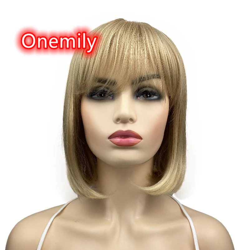 

Onemily Short Bob Heat Resistant Synthetic Hair Wigs for Women Girls with Neat Bangs Party Evening Out Fun Golden Blonde