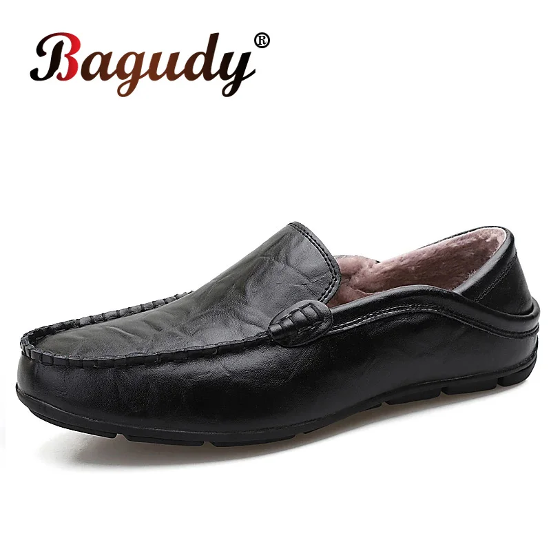 Brand Autumn Winter Warm Fur Leather Flats Loafers Mens Moccasins Casual shoes Fashion Slip On Driving Shoes Size 37-47 | Обувь