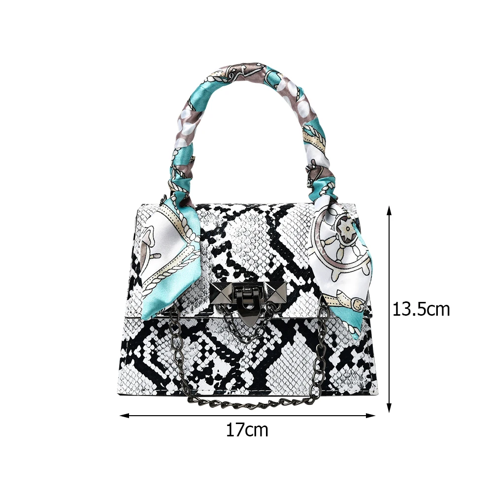 

Vintage Women Silk Scarf Snake Pattern Printing PU Leather Shoulder Crossbody Messenger Bag Casual Ladies Chain Small Top-handle