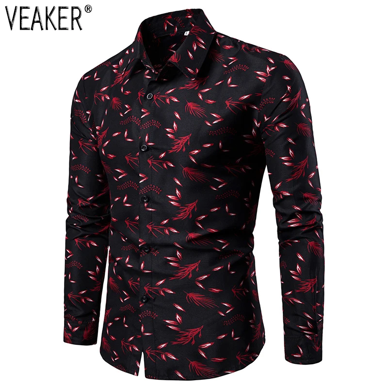 2021 новые мужские рубашки с принтом мужской Slim Fit длинным рукавом мужская красные