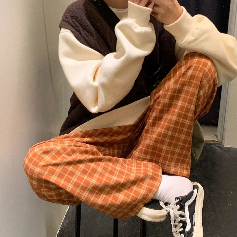 

HOUZHOU Harajuku Plaid Pants Women Oversize Wide Leg Trousers Female Korean Style High Waist Checkered Pajama 2021 Spring Summer