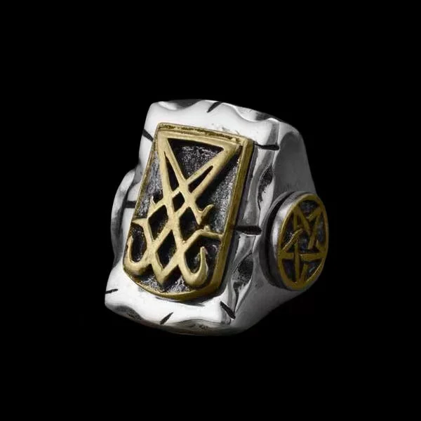 

Onlysda Vintage Sigil Lucifer Rock Ring 316L Stainless Steel Baphomet Pentagram Seal of Satan Rings for Men Male Punk Jewelry