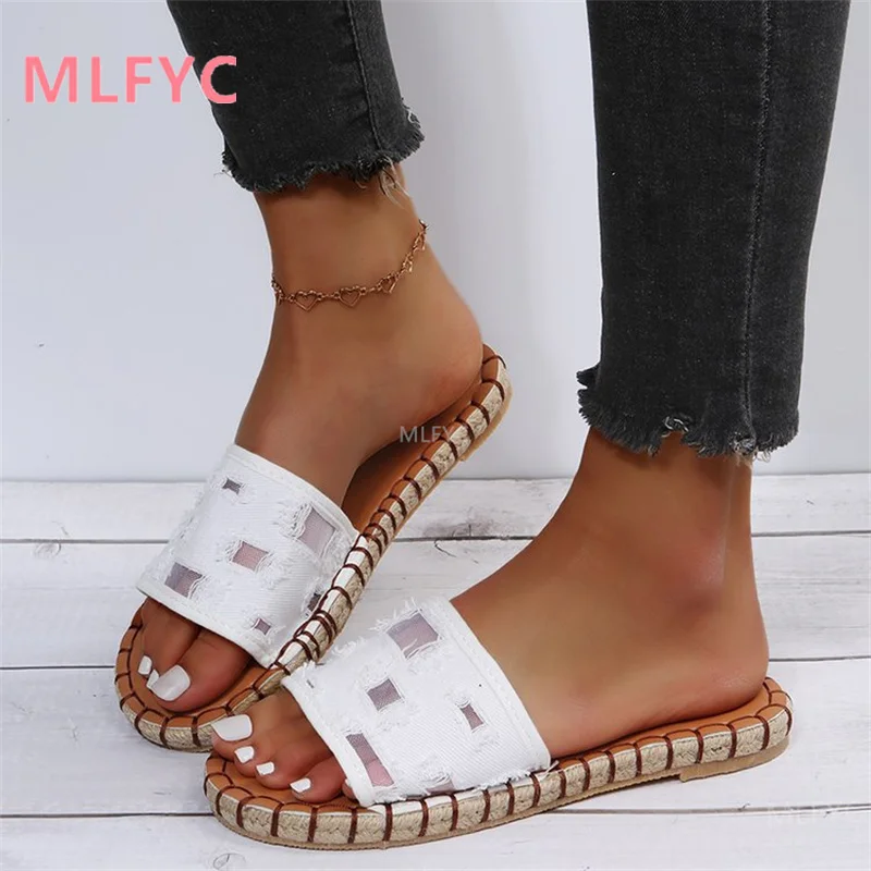 

Шлепанцы женские на плоской подошве, пляжные сандалии с плетеной подошвой, модная обувь, большие размеры, лето 2022