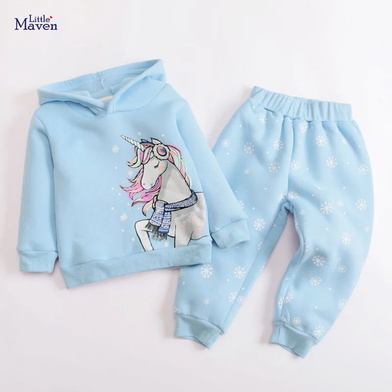 

Little Maven Baby Girl Clothes 2021 Autumn Winter Casual Children Set Cotton Toddler Sky Blue Unicorn Print Shirt + Dot Pants