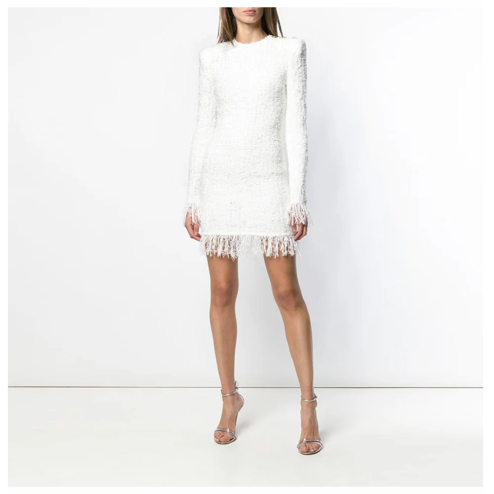 Женское твидовое платье с длинным рукавом элегантное белое длинными рукавами