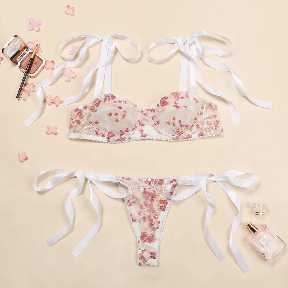 

Floral Lace Tie Shoulder Skort Lingerie Set Sexy embroidered Mesh bra set string bralette set Transparent Underwear set