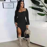 spring winter sexy ribbed party dress women square collar flare sleeve side split bodycon dresses elegant solid slim fit vestido