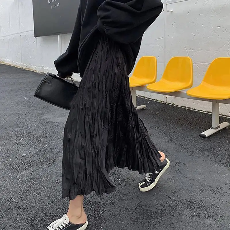 

HOUZHOU Wrinkled Black Pleated Skirt Women Autumn 2021 Korean Style Casual Streetwear White High Waisted A-line Long Midi Skirt