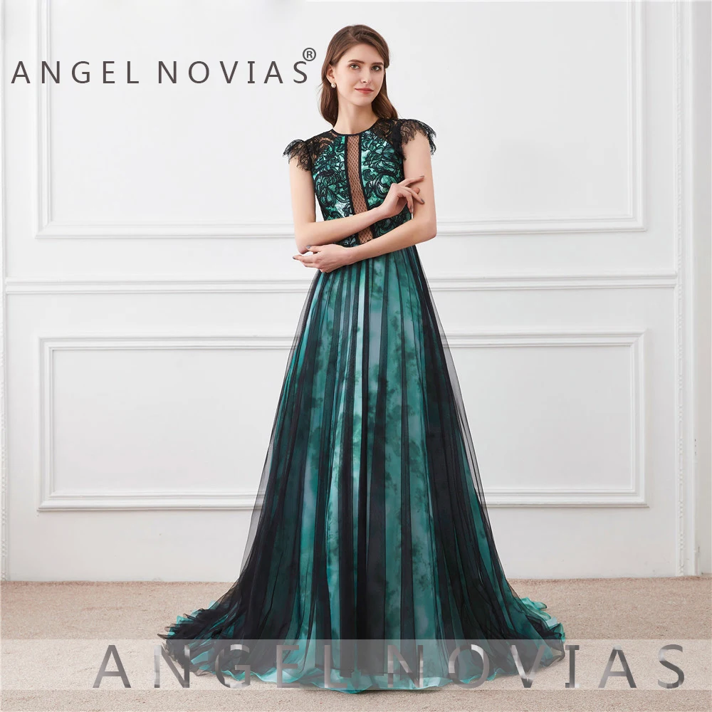 Женское длинное вечернее платье Angel Novias черно зеленое с прозрачной спинкой на