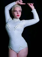 long sleeve white pearls women bodysuits backless evening pole dance outfit nightclub party singer stage performance costume