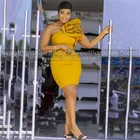 Золотисто-желтые короткие коктейльные платья с цветами ручной работы на одно плечо, женское мини-платье-футляр до колена Вечерние вечернее платье