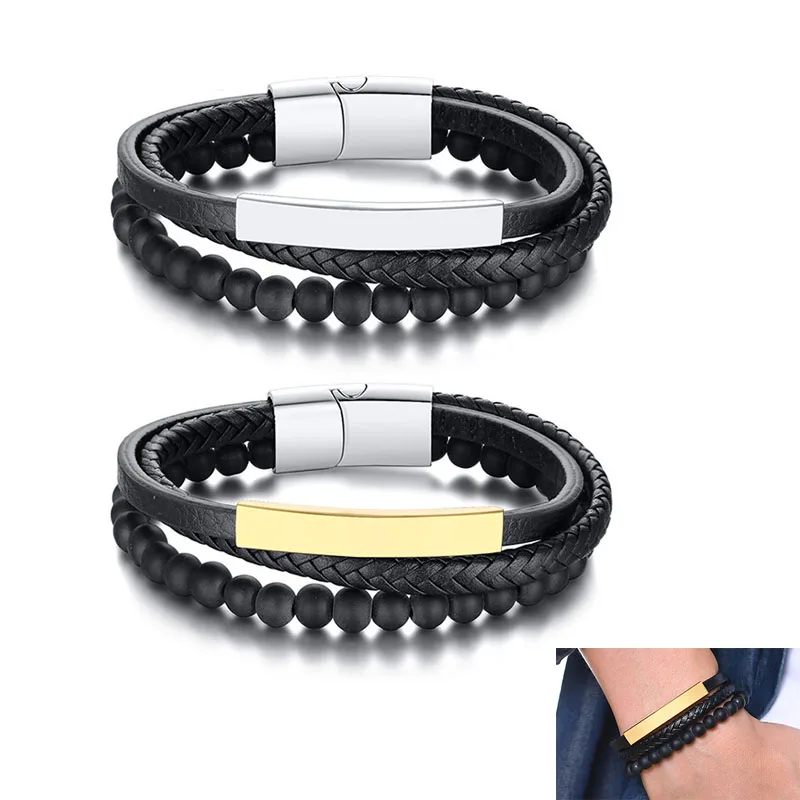 

Fashion Stainless Steel Mens Bracelets Black Leather bead bracelet Male Valentine's Day Gift Jewelry