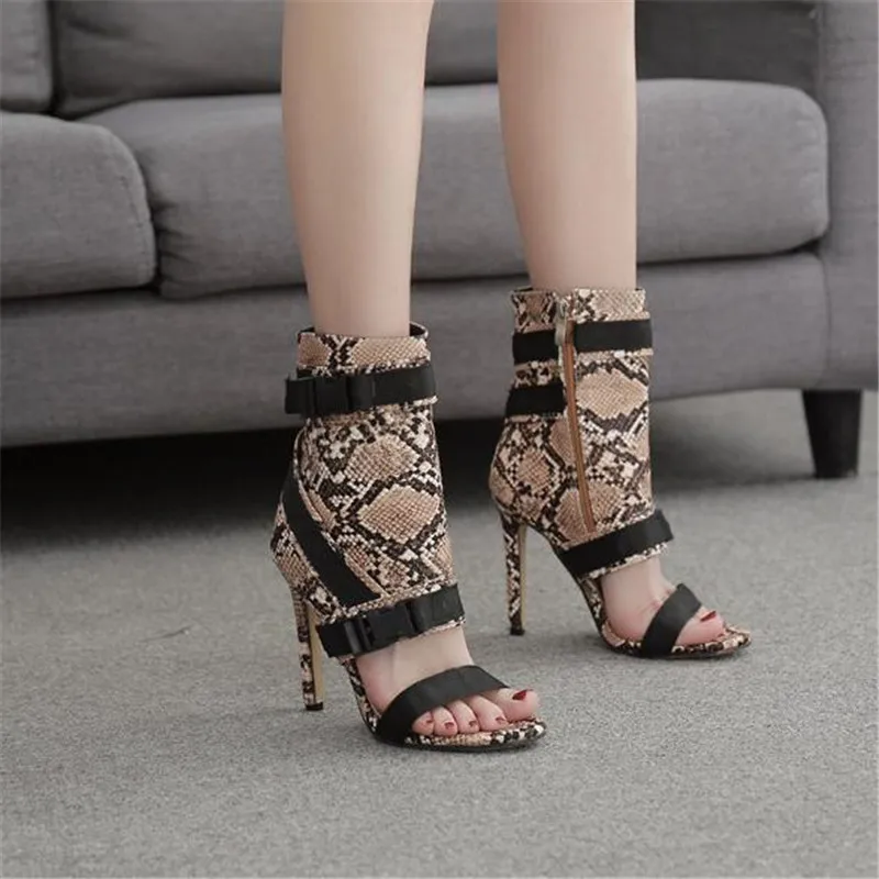 Женские ботильоны на молнии с открытым носком высоком каблуке в римском стиле