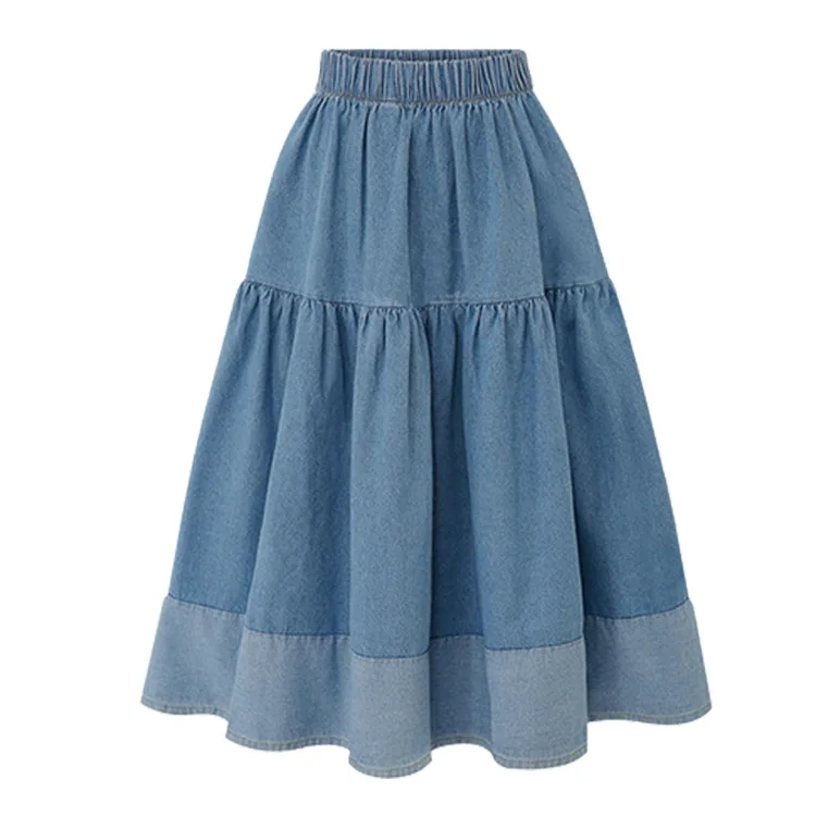

Zoulv Spring Summer Denim Skirt New Stitching High Waist Elastic A-line Skirt Temperament Cake Skirt Casual Street Retro Skirt