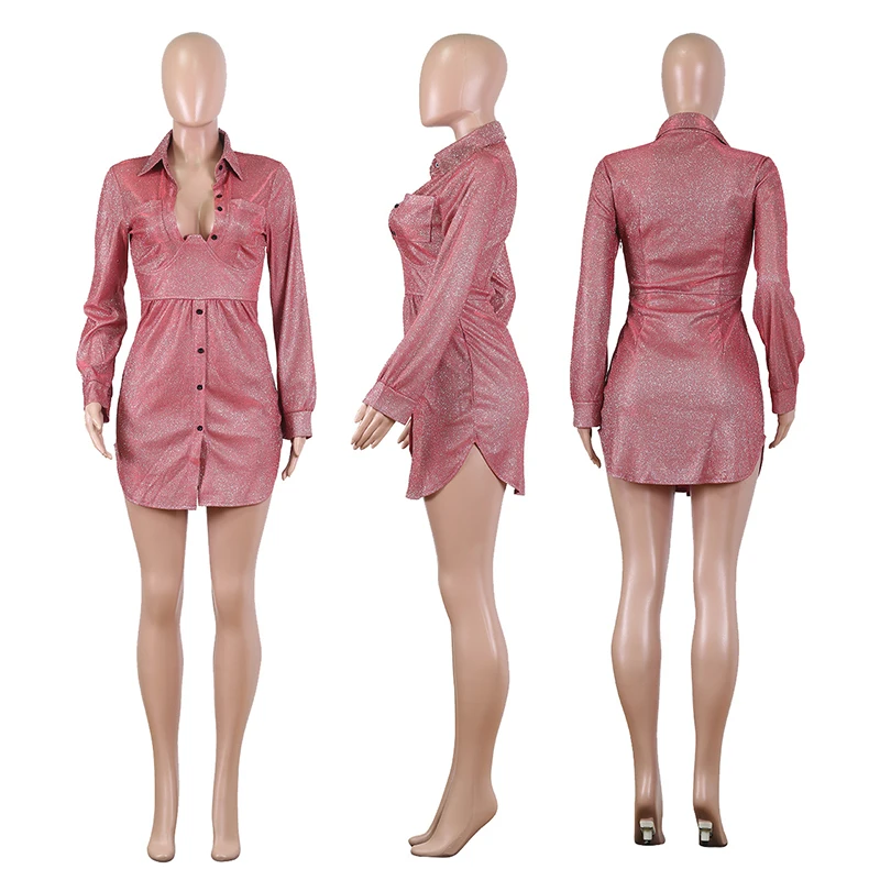 

Glitter Buttoned Slim Waist Party Dress Women Elegant Turn Down Collar Long Sleeve Mini Night Club Dresses