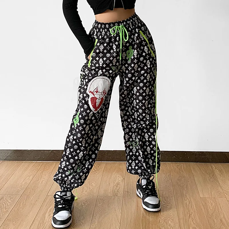 

Women's Autumn Winter Trousers New Anime Print Bouquet Feet Trousers Fashion Hip-hop Street Drawstring Stretch Leggings Women's
