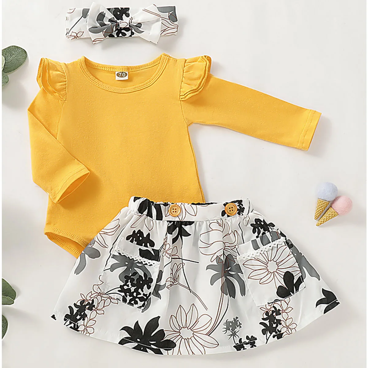 

2020 New Toddler Baby Girls 3pcs Clothes Set Cotton Pullover T-shirt Tops Printed Skirt Headband Spring Autumn Outfits 0-24M