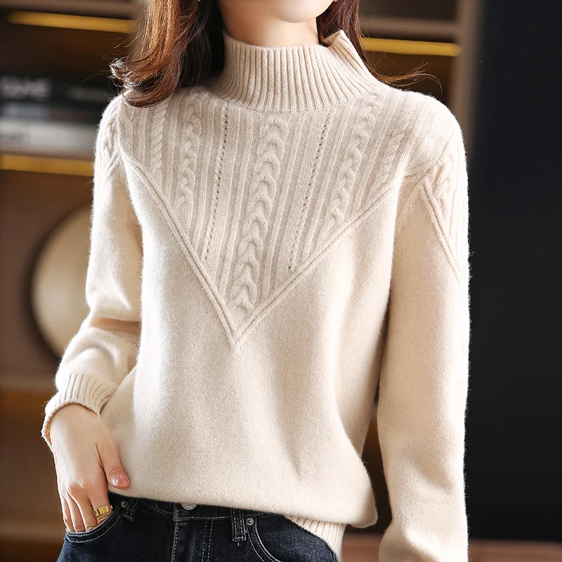 

Cashmere Cardigan Women's 2021 New Year Casual Turtleneck Pullover 100% Wool Popular Sweater Oversized Long Sleeve Ladies Top