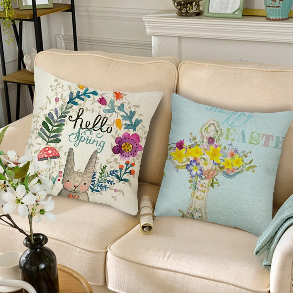 Счастливой Пасхи милый улыбающийся кролик цвет яйца дома льняная Подушка Чехол