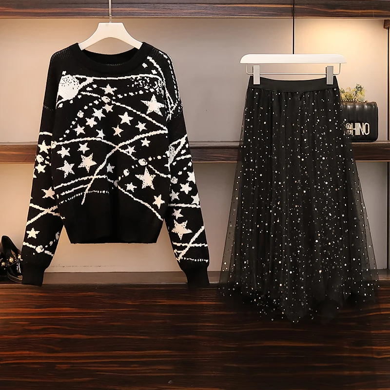 Плюс размер 4XL вязаный свитер сетчатый черный костюм комплект из 2 предметов