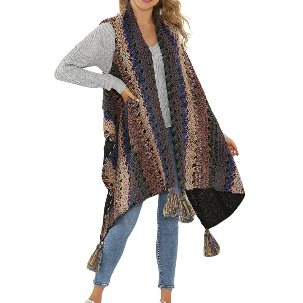 Женский длинный кардиган в стиле пэчворк вязаный свитер без рукавов с кисточками